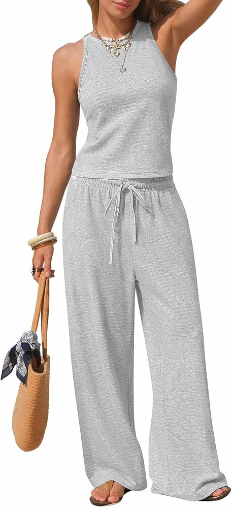 EXLURA Womens Cotton Summer 2 Piece Halter Top Matching Wide Leg Pants Sets | Amazon (US)
