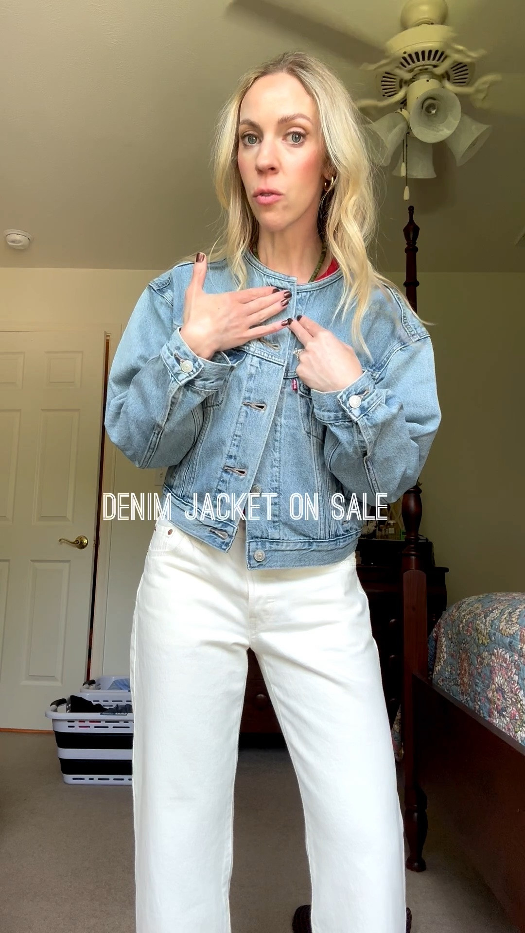 Cropped and collarless denim jacket - perfect for wearing with neck scarves. On major sale right now!

#LTKSaleAlert #LTKSeasonal #LTKOver40