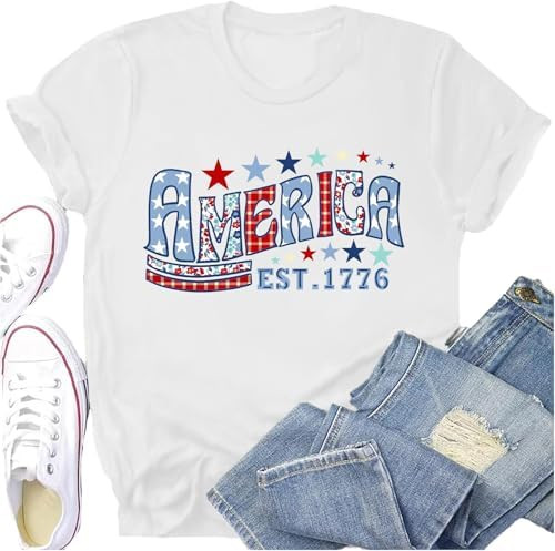 USA Shirt for Women American Flag T-Shirt 4th of July Patriotic Tee EST. 1776 Print Tops | Amazon (US)