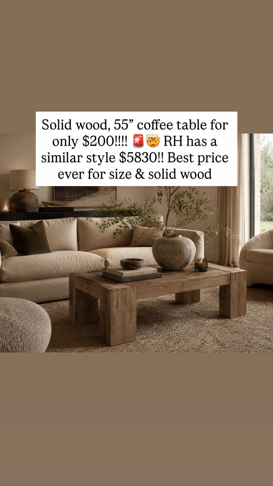 Solid wood, 55” coffee table for only $200!!!! 🚨🤯 RH has a similar style $5830!! Best price ever for size & solid wood