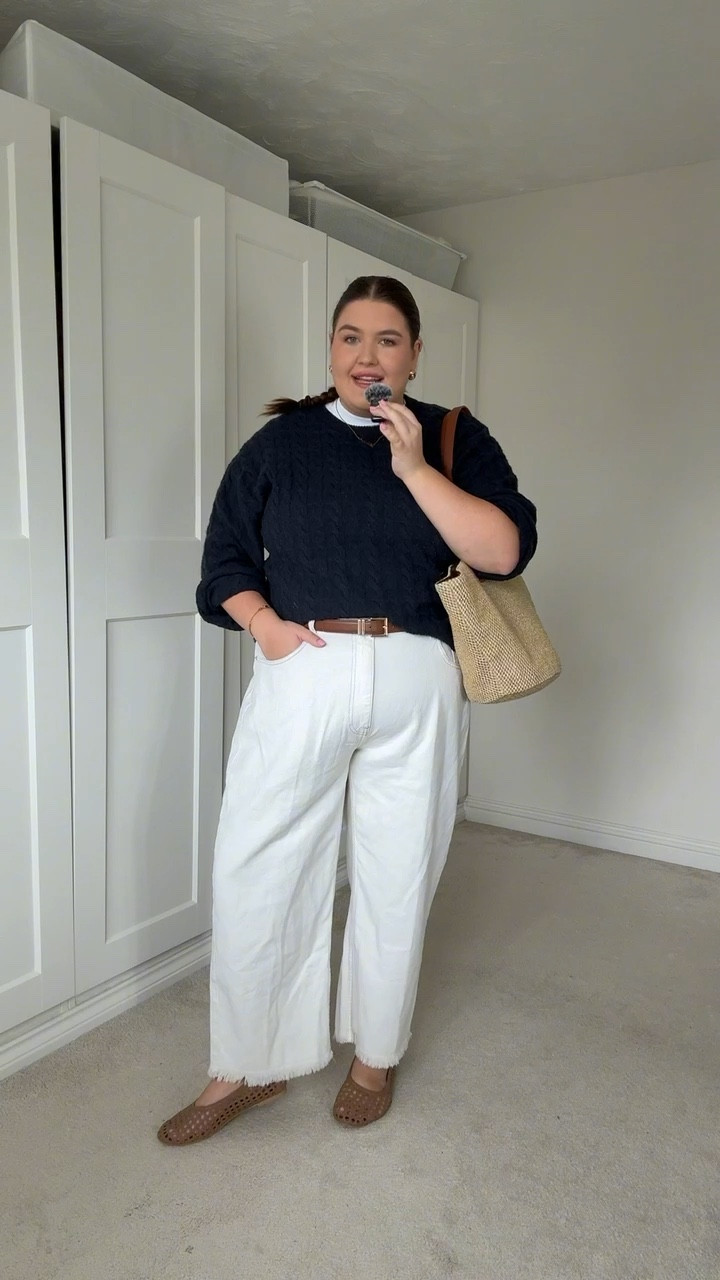 Recreating a Pinterest style outfit on my size UK 22 body 🫶🏼✨

White jeans, wide leg jeans, cable knit jumper, woven shoes, ballet flats, woven bag, autumn outfit, winter outfit

#LTKuk #LTKjeans #LTKautumn