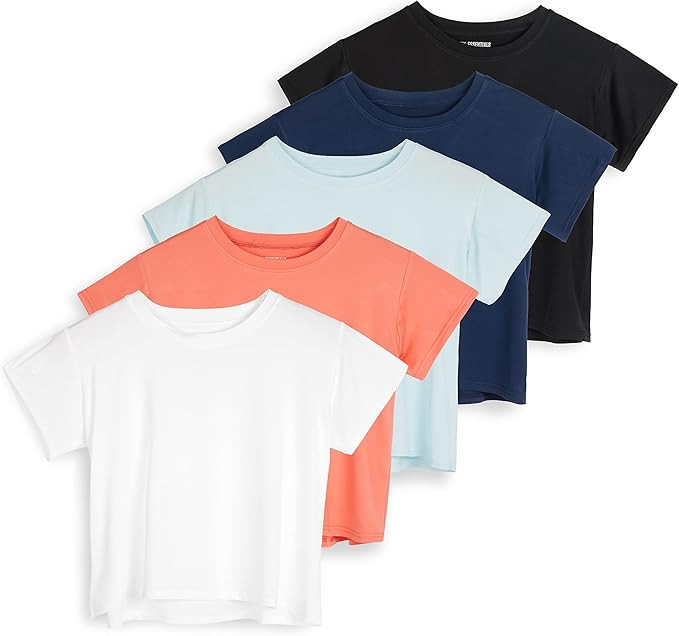 Real Essentials 5 Pack: Women's Dry Fit Crop Top - Short Sleeve Crew Neck Stretch Athletic Tee (A... | Amazon (US)