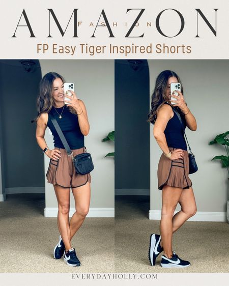 Amazon FP Easy Tiger inspired shorts with pleats in brown size small.  
💥Limited time deal today! 
10% off shorts small brown
6% off High neck tank small black 
9% off puffer purse
25% off my fave no- show socks
Nike sneakers go up a half size.

Gym outfit, fitness outfit, athleisure, summer style, mom style, 

#LTKFitness #LTKActive #LTKSaleAlert