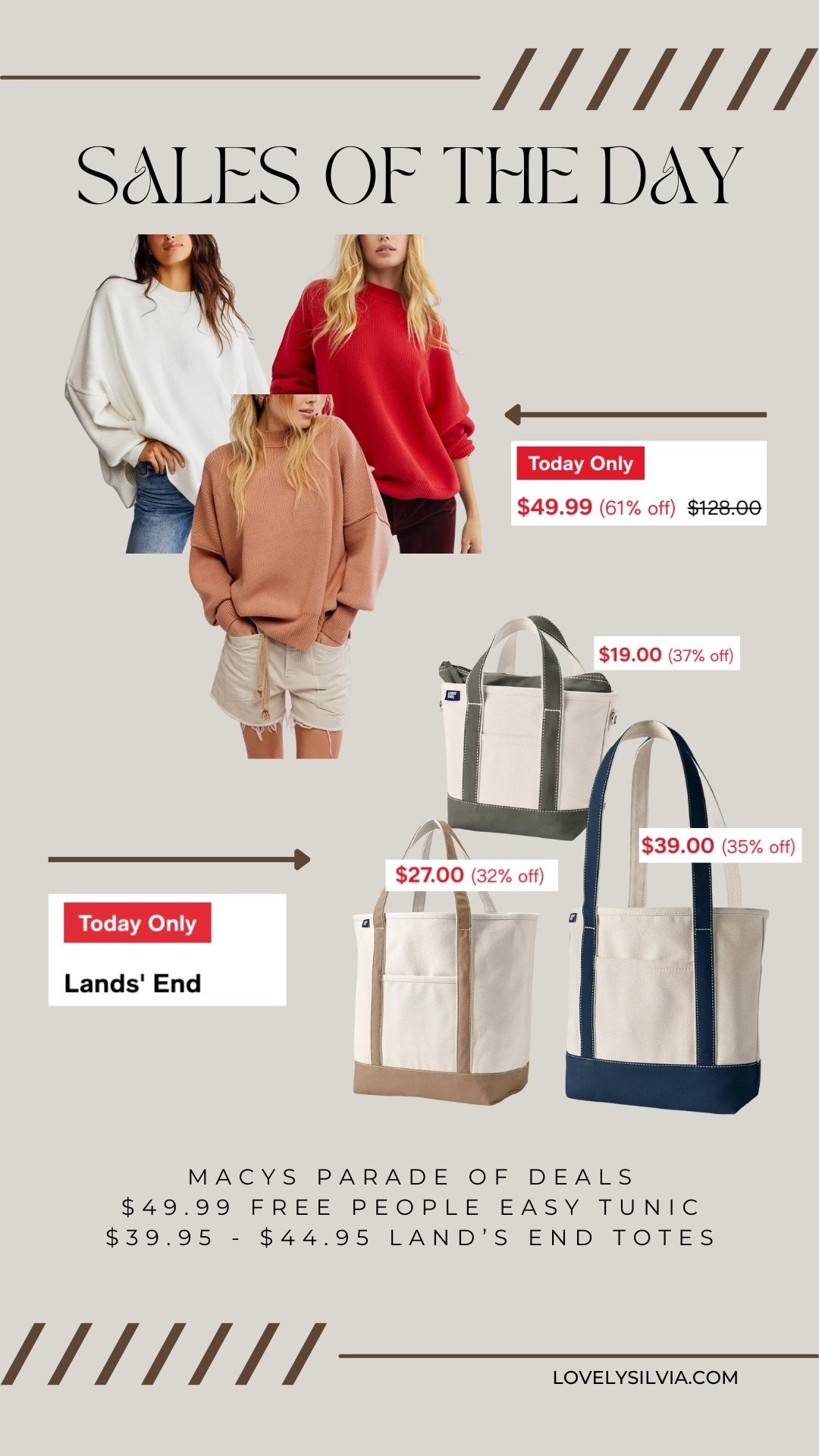 TODAYS Macys parade of deals! Lands end totes from $19-$39 and free people tunics only $49.99!

Macys finds, Macys fashion, holiday sales, holiday finds, Christmas sales, Christmas gift ideas, free people, lands ends totes, gifts for her 

#LTKFindsUnder50 #LTKHoliday #LTKSaleAlert