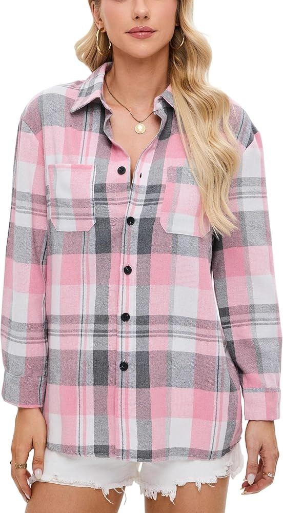 Womens Button Down Plaid Shirts Oversized Long Sleeve Collared Casual Blouse Top | Amazon (US)