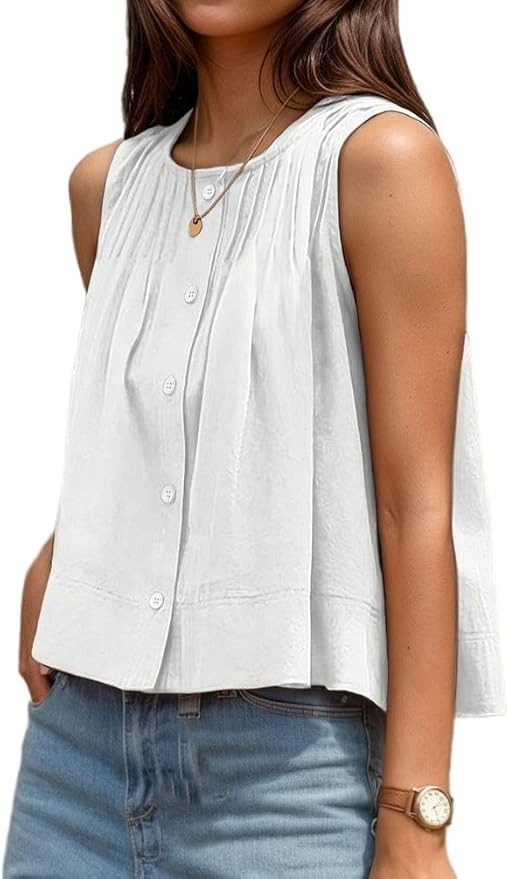 Crop Linen Tank Tops for Women Summer Pleated Sleeveless Vest Crewneck Button Down Cotton Shirt B... | Amazon (US)