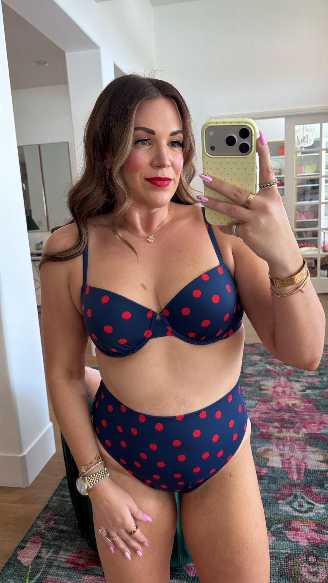 curvy midsize navy with red polka dots bikini! wearing size 38C in top and size large in bottoms (could have taken the medium)

#LTKSeasonal #LTKMidsize #LTKSwim