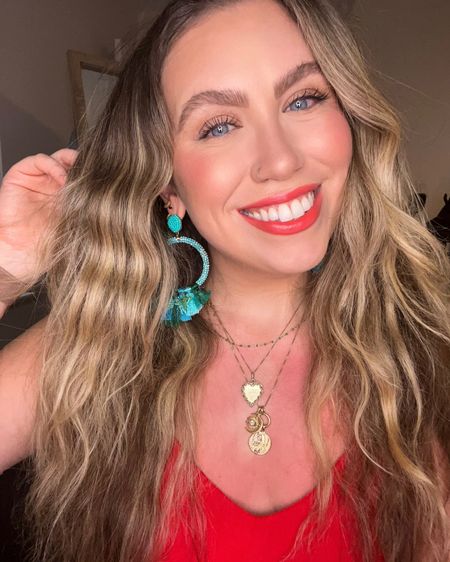 Simple summer makeup / orangey red lipstick / summer lipstick / fringe beaded earrings / summer earrings / layered gold necklaces 

#LTKunder50 #LTKbeauty #LTKSeasonal
