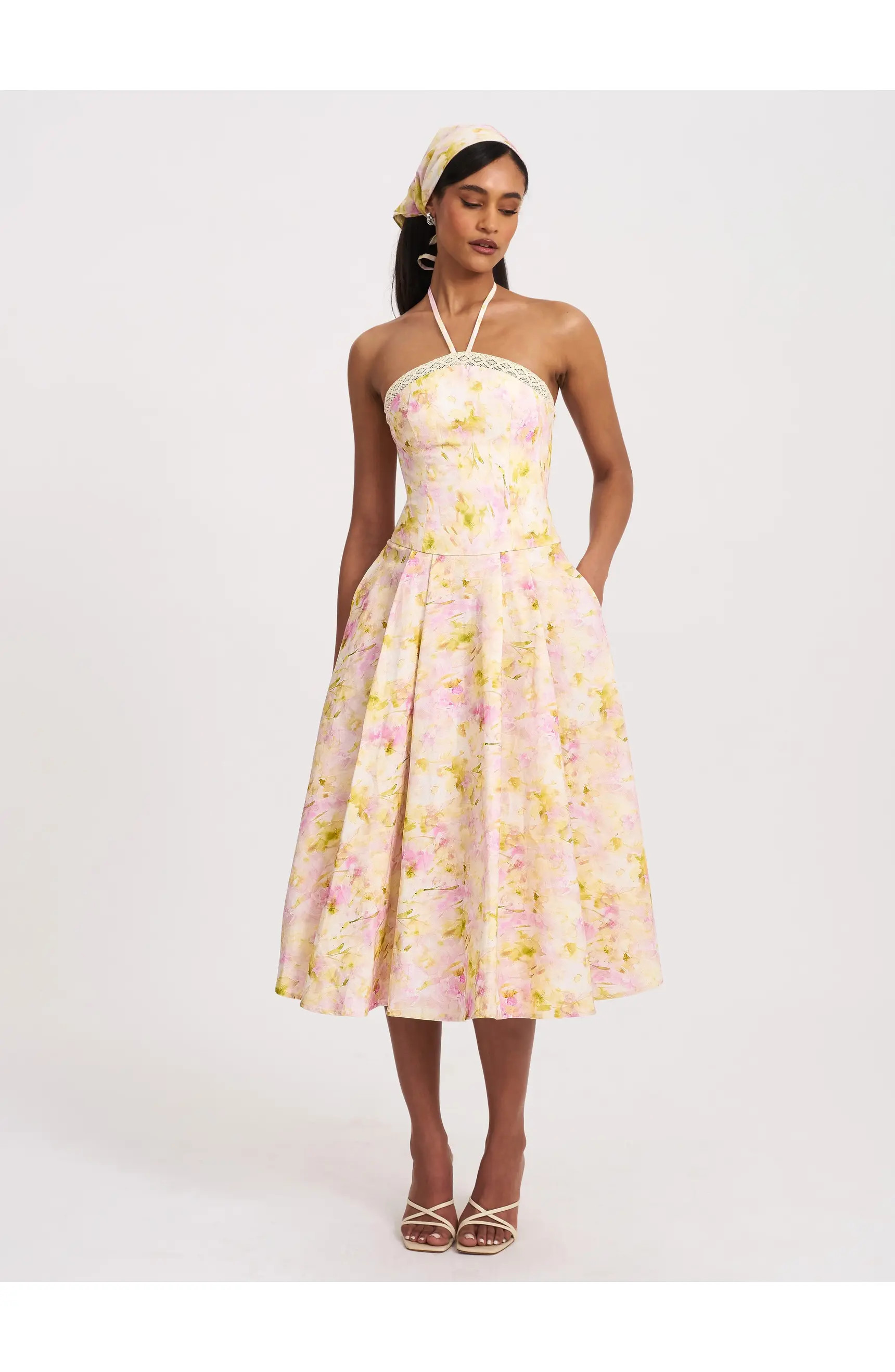Zaina Floral Print Lace Trim Linen Midi Dress | Nordstrom