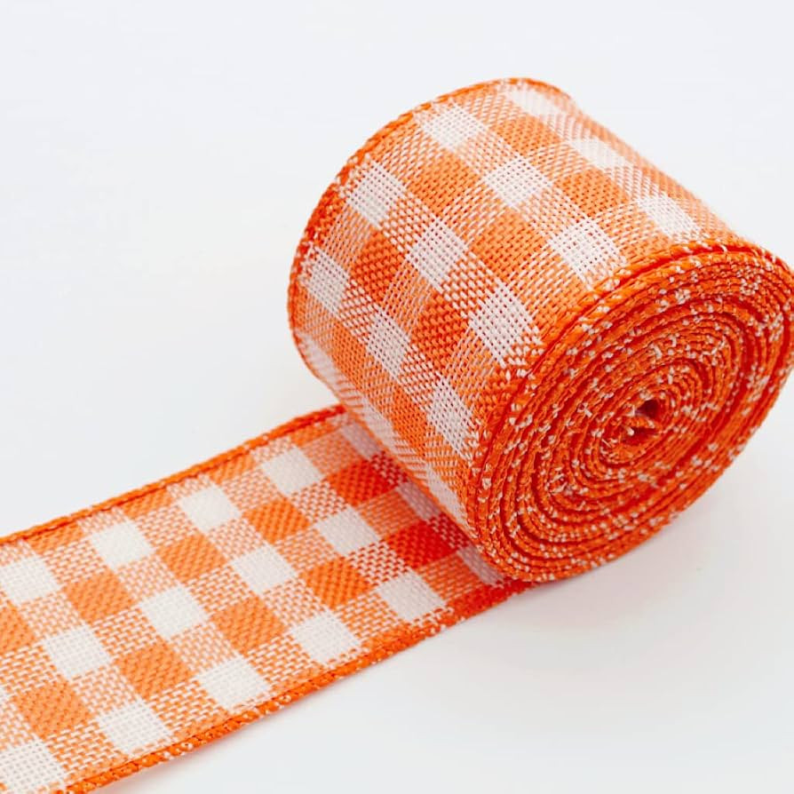 Pumpkin Orange and White Gingham Buffalo Plaid Ribbon， Autumn Thanksgiving Wired Edge Ribbon Ha... | Amazon (US)