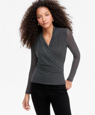 I.n.c. International Concepts Women's Long-Sleeve Surplice Mesh Top, Macy's Exclusive - Lita Dot | Macy's