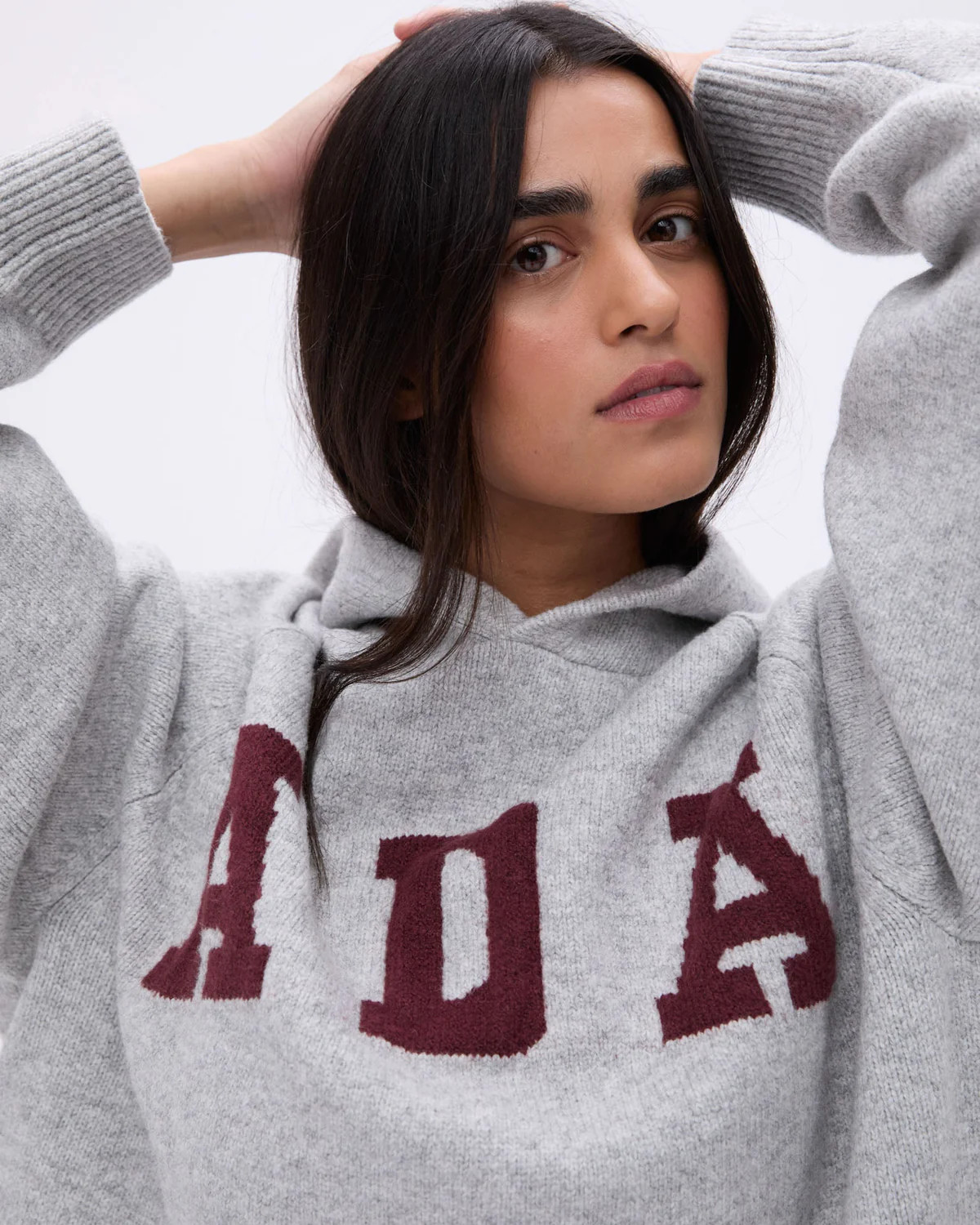 ADA Oversized Knit Hoodie - Light Grey Melange/Burgundy | Adanola UK