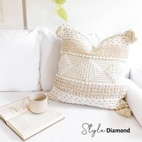 Cream & White Throw Pillow Cover, Woven Cushion With Tassels, Textured | Etsy (US)