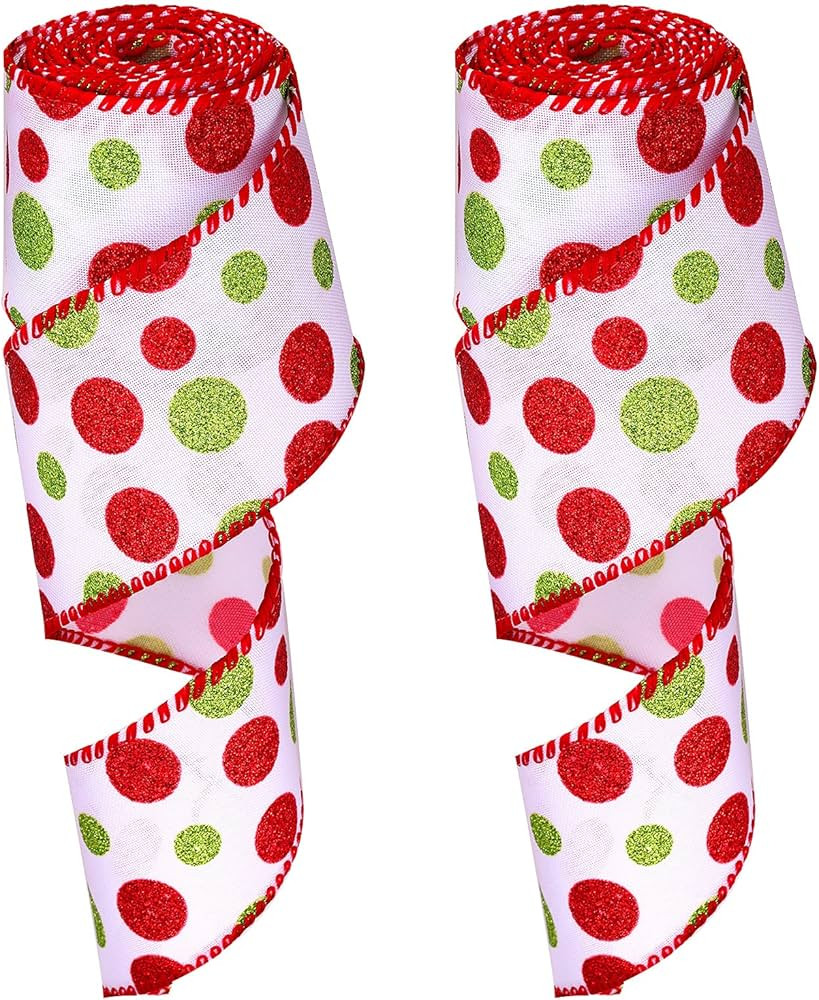 2 Rolls Christmas Glitter Dot Wired Edge Ribbons Green Red Dot Ribbons Polka Dot Printed Wired Ed... | Amazon (US)