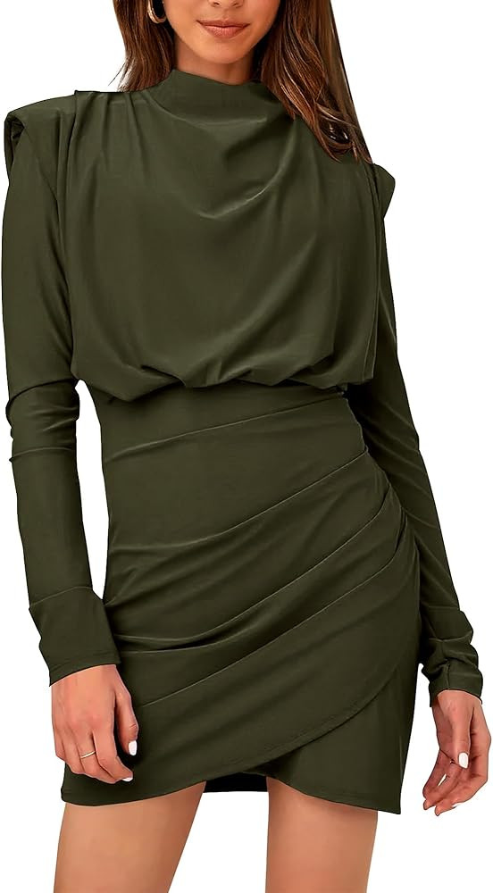 BTFBM Women's 2023 Fall Ruched Bodycon Mini Dresses Mock Neck Long Sleeve Wrap Party Cocktail Club S | Amazon (US)