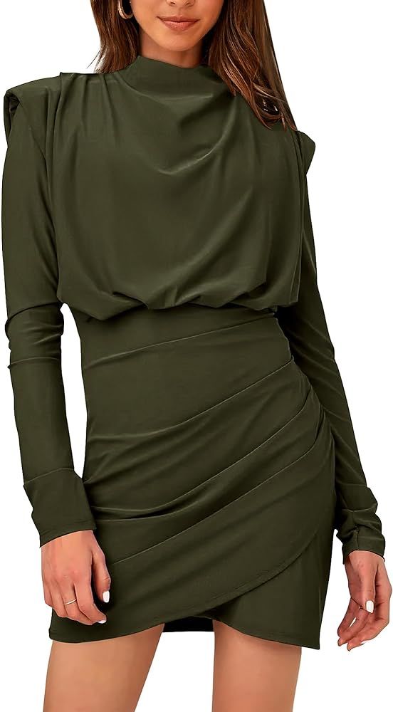BTFBM Women's 2023 Fall Ruched Bodycon Mini Dresses Mock Neck Long Sleeve Wrap Party Cocktail Club S | Amazon (US)