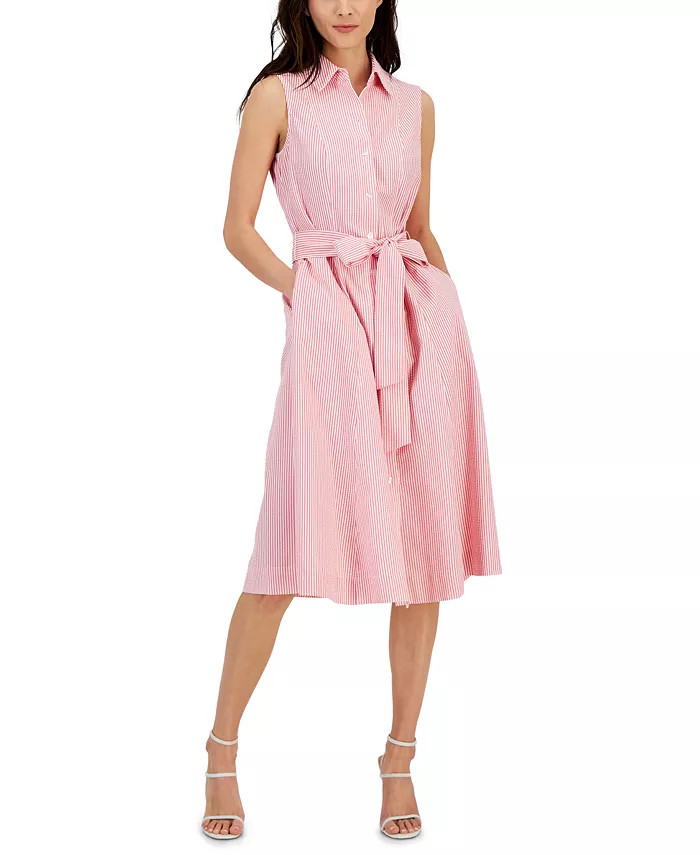 Anne Klein Women's Sleeveless Seersucker Belted Shirt Dress & Reviews - Dresses - Women - Macy's | Macys (US)