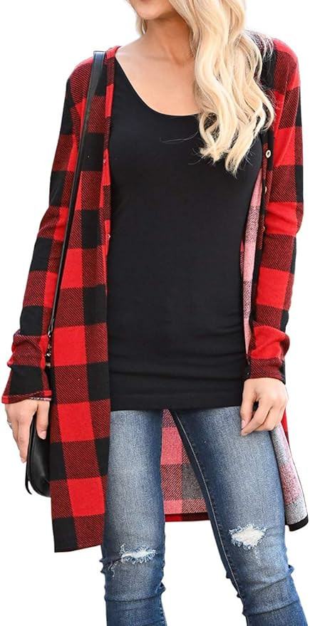 Dressmine Women's Long Sleeve Open Front Cardigan Buffalo Plaid Knitted Coat Outwear Maxi Sweater | Amazon (US)