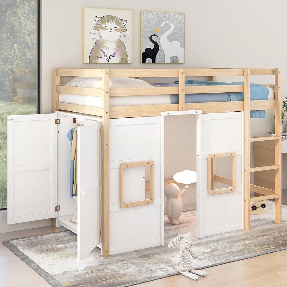 Playhouse Design Twin Size Loft Bed with Built-in Storage Wardrobe and 2 Windows, Solid Wood Loft... | Amazon (US)