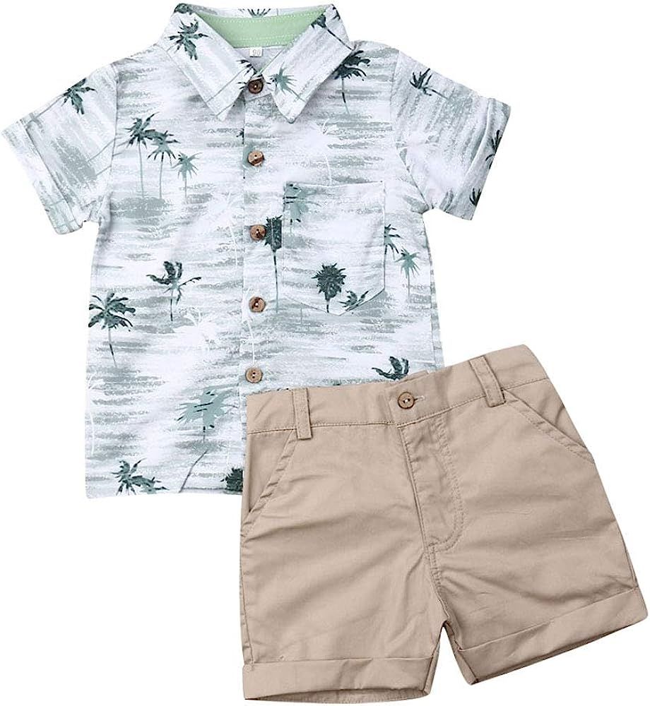VISGOGO Toddler Baby Boy Flamingo Short Sleeve Button Down Shirt & Casual Shorts Set Summer Outfi... | Amazon (US)