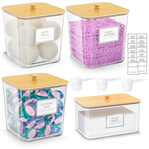 HomePekite Laundry Pods Storage Container, Clear Laundry Room Organization and Storage ,Detergent Powder Container,with Wooden Lids & Labels, 3+1 Pack | Amazon (US)