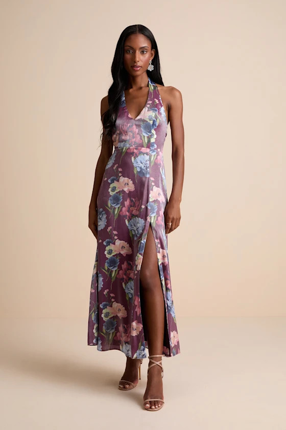 Liviana Dark Purple Floral Halter Maxi Dress | Lulus