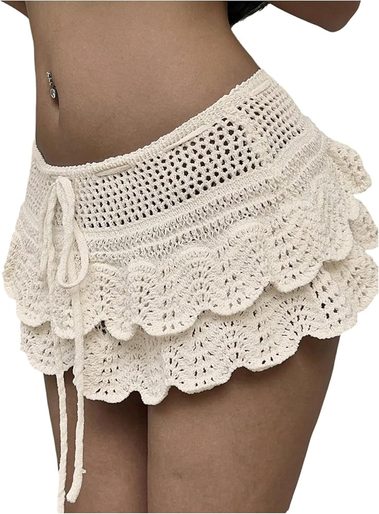 Milumia Women's Drawstring Layered Crochet Mini Skirt Low Waist Scallop Trim Beach Skirts | Amazon (US)