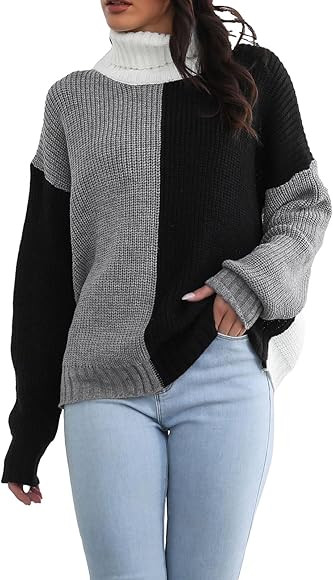 CFDRFGH Women's Turtleneck Color Block Graphic Sweaters Long Sleeve Casual Sweater 2023 Loose Fit... | Amazon (US)