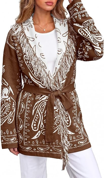 Saodimallsu Womens Fall Tassel Shawl Collar Cardigan Paisley Wrap Sweaters | Amazon (US)