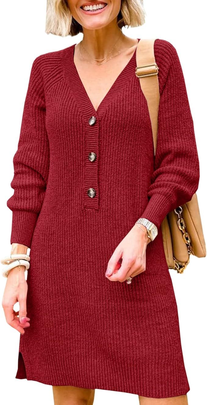 Saodimallsu Womens Oversized Sweater Dress Sexy V Neck Long Sleeve Button Down Ribbed... | Amazon (US)