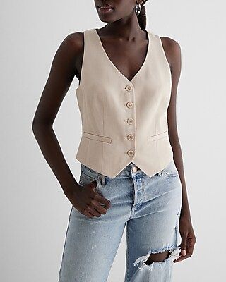 Linen-Blend Button Front Blazer Vest Neutral Women's L | Express