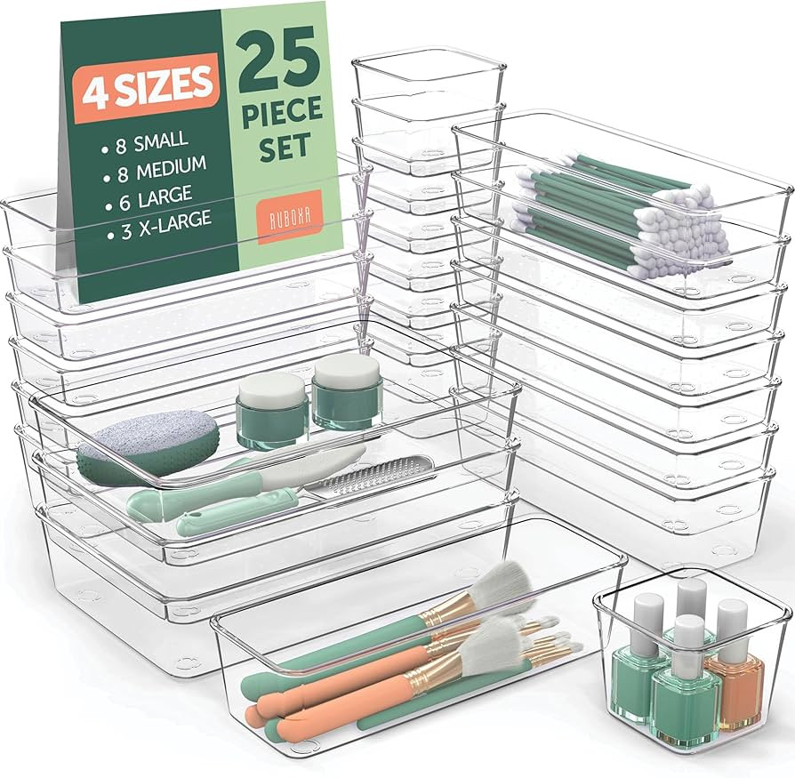 25 PCS Clear Plastic Drawer Organizers Set, 4 Sizes Clear Drawer Organizers & storage Bins for Ma... | Amazon (US)