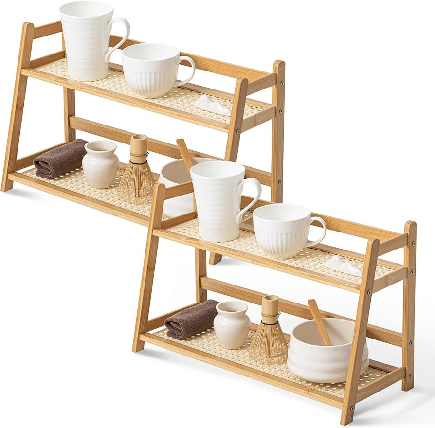 2 Pcs 17.7 Inch 2 Tier Matcha Station Shelf Bamboo Coffee Mug Stand Countertop Storage Rack, Doub... | Amazon (US)