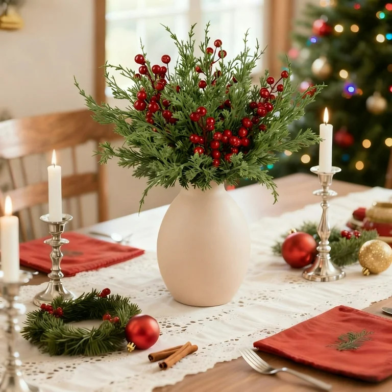 Scidweet 60 Pcs Christmas Greenery Decorations, Artificial Pine Branches with Red Berry Stems, Fa... | Walmart (US)