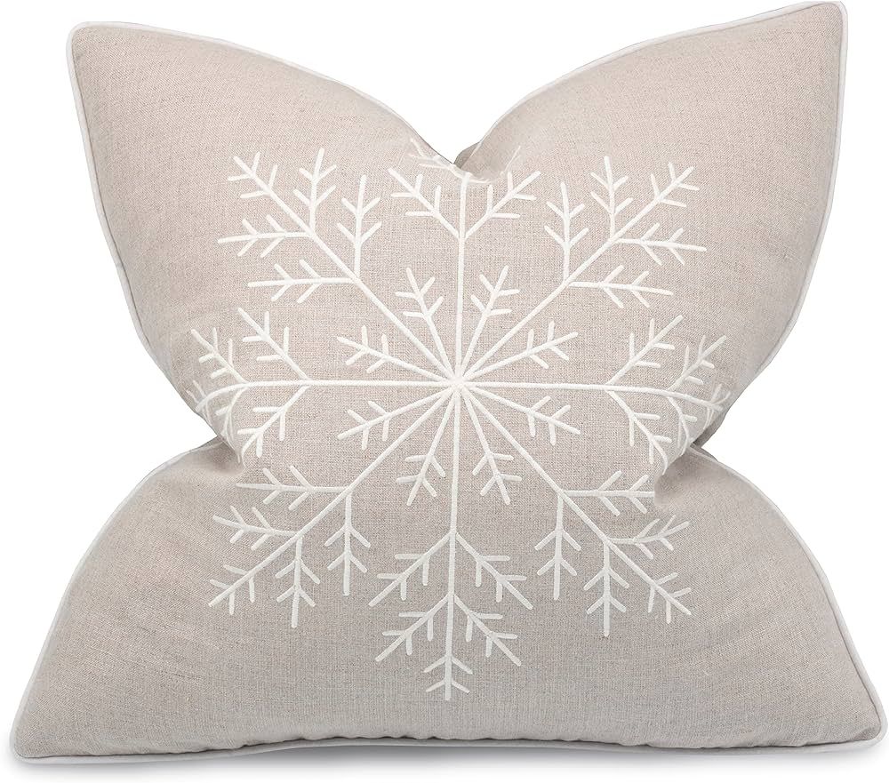 MANOJAVAYA Embroidered Winter Snowflake Christmas Beige Decorative Cotton Canvas Square Throw Pil... | Amazon (US)
