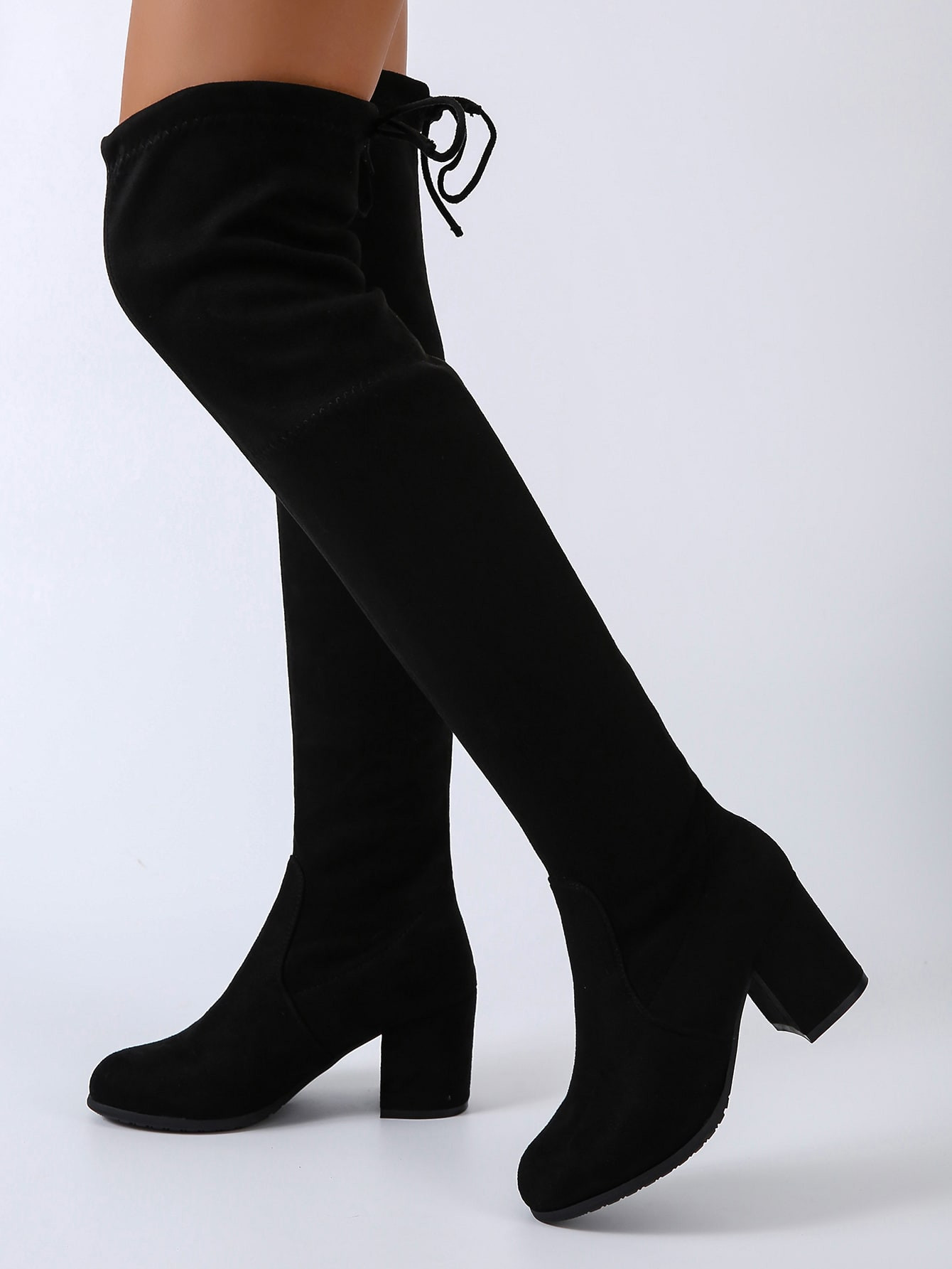 Women Black Minimalist Tie Back Chunky Knee High Heeled Boots | SHEIN