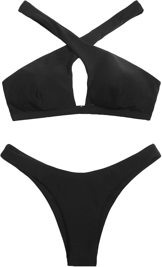 Verdusa Women's 2 Piece Crisscross Cut Out Bathing Suit High Cut Halter Bikini Set | Amazon (US)
