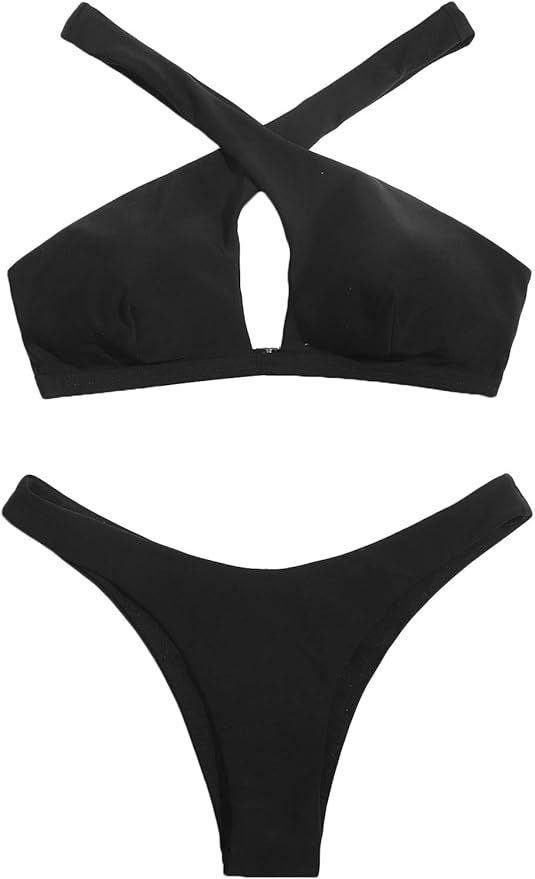 Verdusa Women's 2 Piece Crisscross Cut Out Bathing Suit High Cut Halter Bikini Set | Amazon (US)