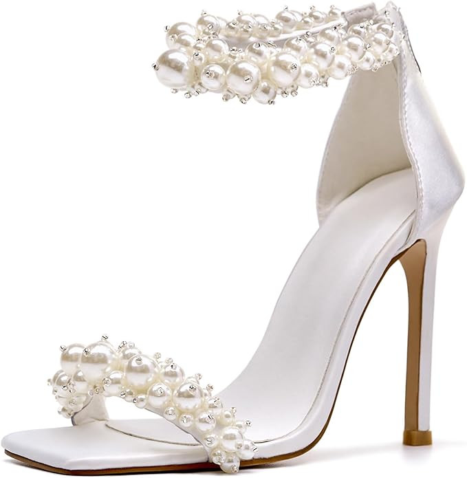 Women's Pearl Stiletto Heels Sandals Sexy Open Square Toe sparkly Ankle Back Zipper bridal Satin ... | Amazon (US)