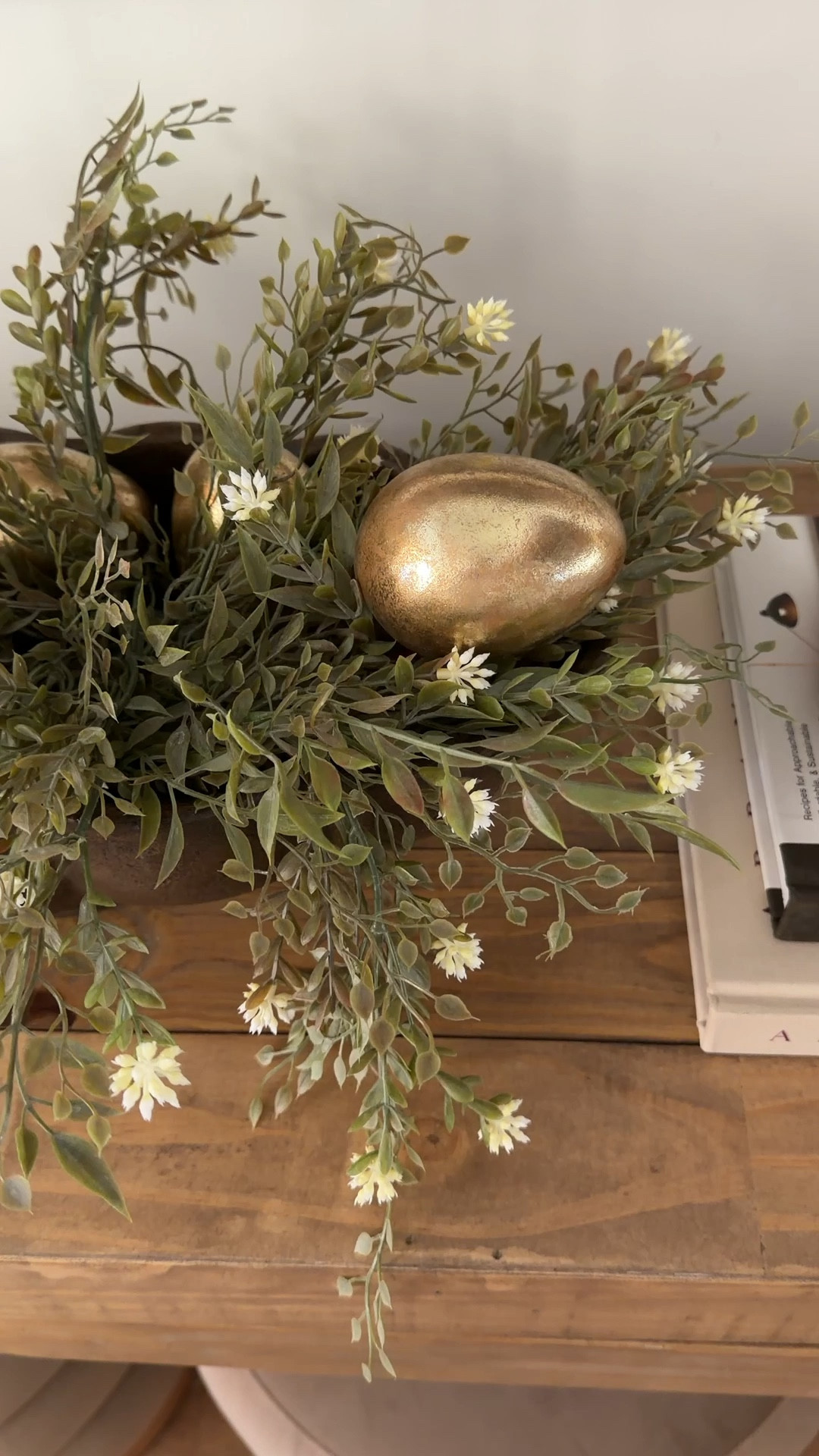 This bowl needed a little something… so I gave it a quick refresh. 

I added four stems to fill it out, then tucked in these gorgeous gold eggs for just the right touch of shine. Simple, but it made such a difference.

Now it feels styled and so pretty sitting on my entryway table  