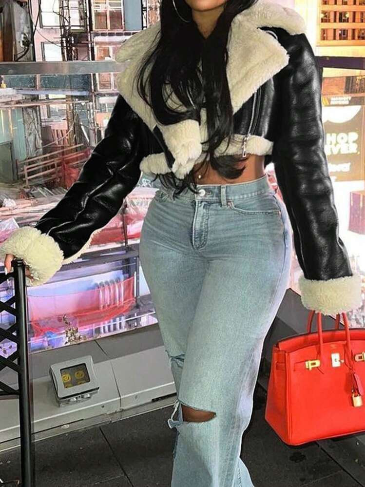 Street Lapel Zip Up Rollable Cuff Teddy Lined PU Leather Crop Moto Jacket Coat Halloween Costumes | SHEIN