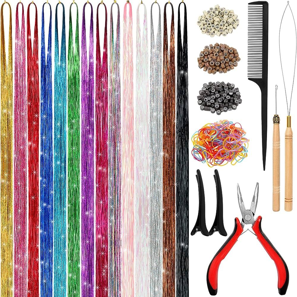 Hair Tinsel Kit (48 Inch,14 Colors, 3500 strands), Tinsel Hair Extensions with Tools, Heat Resist... | Amazon (US)