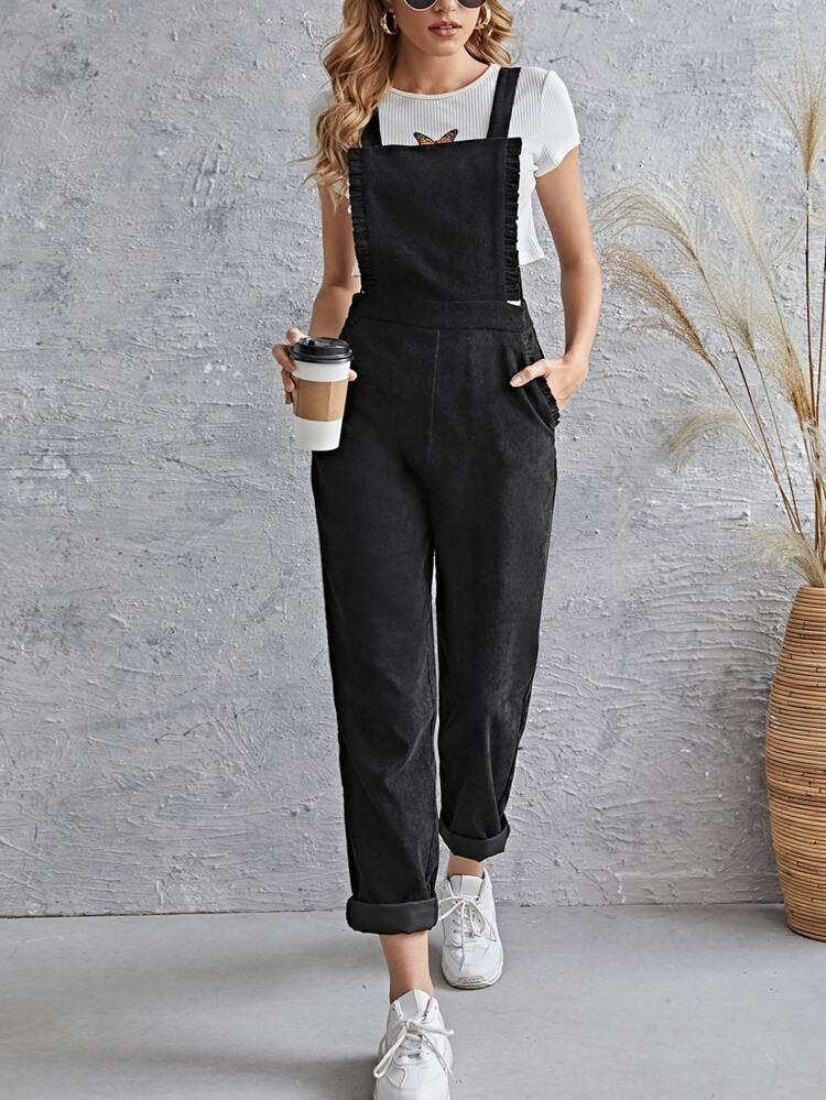 SHEIN Frill Trim Pocket Front Cord Overalls | SHEIN