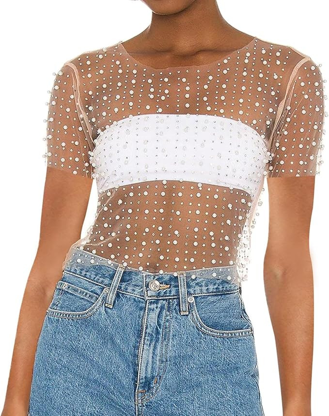 Women Pearl Rhinestone Sheer Mesh Crop Tee Top Sexy See Through Short Sleeve Slim Fit Crop T-Shir... | Amazon (US)