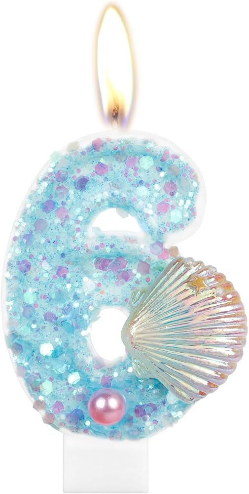Blue Birthday Number 6 Candle, Girls Glitter Shell Sequins Birthday Candles for Cake Decorations,... | Amazon (US)