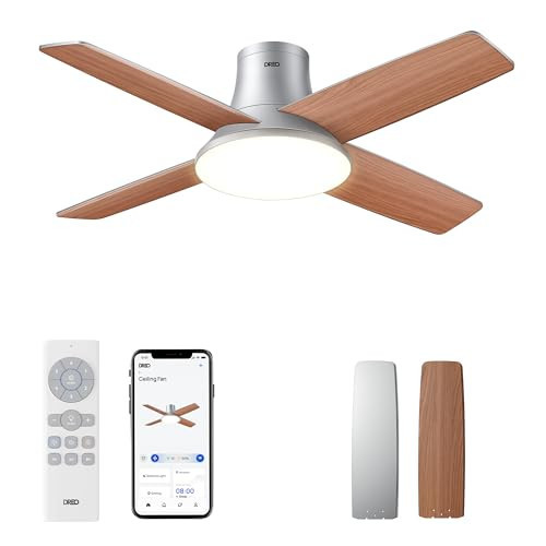 DREO Ceiling Fans with Lights, 12 Speeds & 3 Fan Modes, Quiet DC Motor, Low Profile Easy to Install, Flush Mount Smart Ceiling Fan with Dimmable LED, 12H Timer for Bedroom, Remote, Silver, 44'' | Amazon (US)