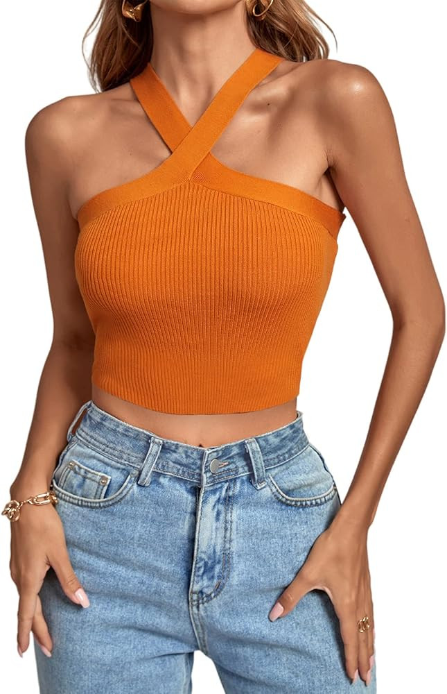 Umenlele Women's Criss Cross Halter Crop Top Sleeveless Ribbed Knit Cami Tank Tops | Amazon (US)
