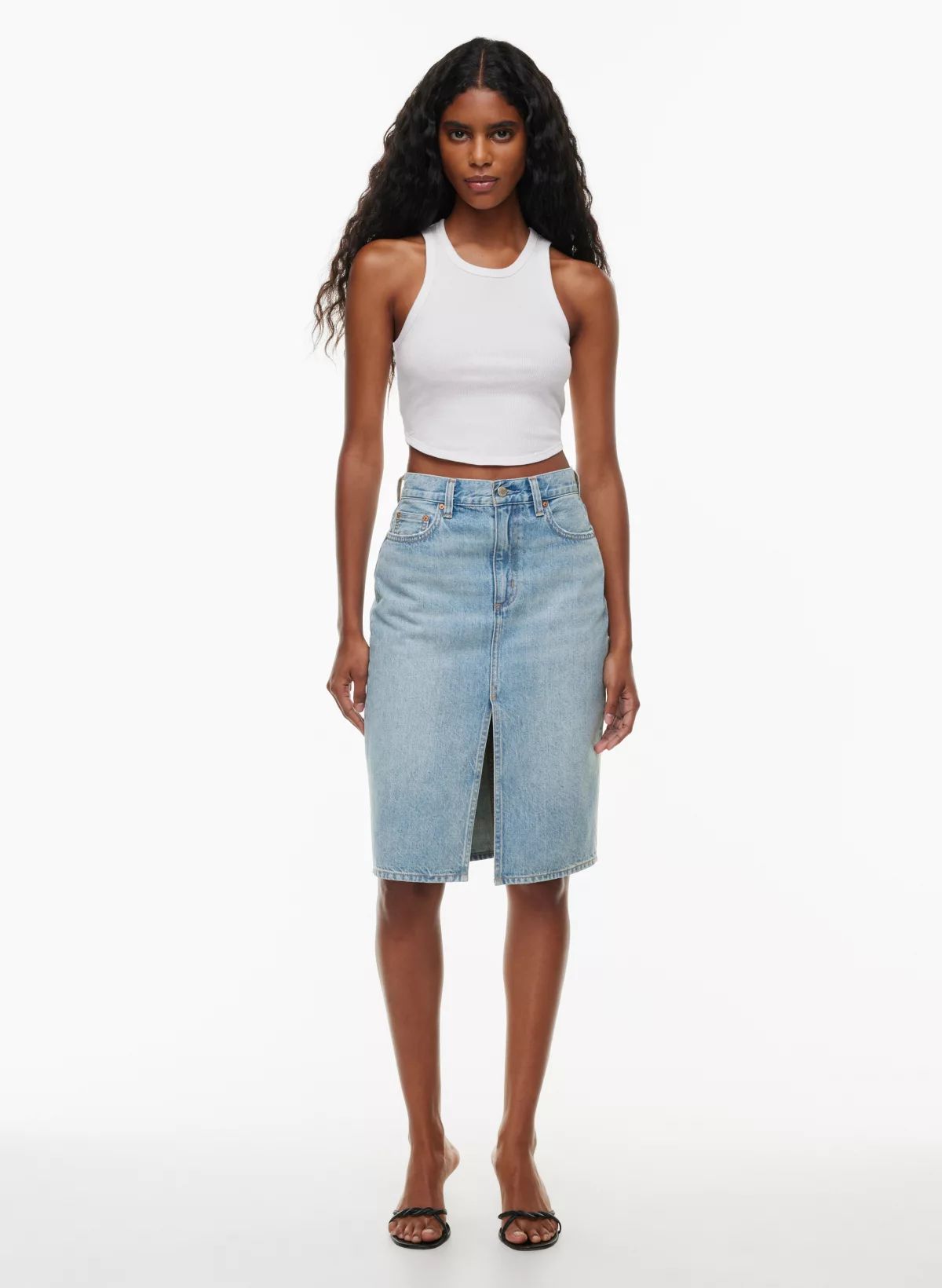 THE ’90S PENCIL MIDI DENIM SKIRT | Aritzia