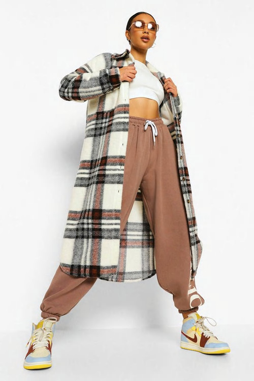 Brushed Check Longline Shacket | Boohoo.com (US & CA)