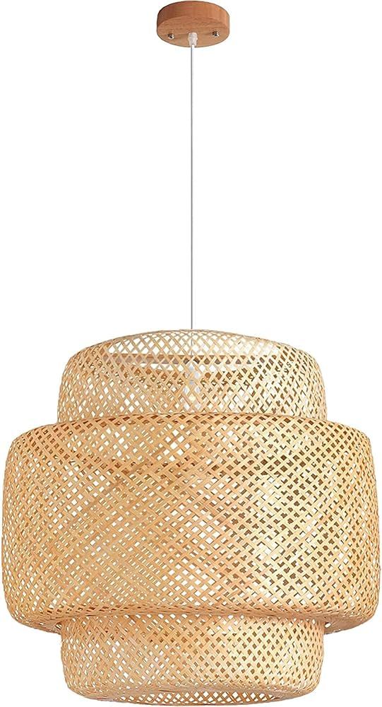 OOBMAB Hand Woven Bamboo Pendant Light, Natural Rattan Basket Light Fixture, Beige Bamboo Chandel... | Amazon (US)